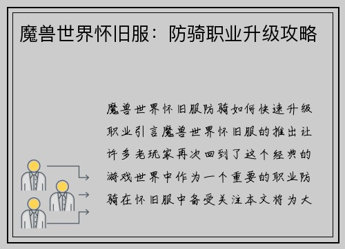 魔兽世界怀旧服：防骑职业升级攻略