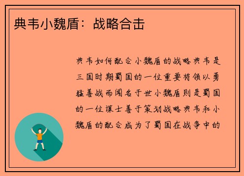 典韦小魏盾：战略合击