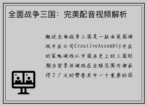全面战争三国：完美配音视频解析